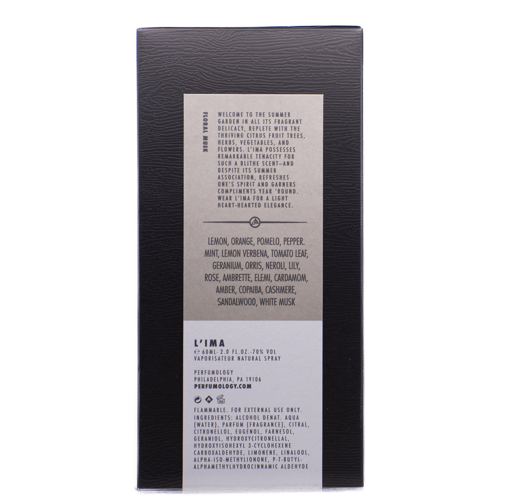 The product box from Perfumology features text detailing the ingredients: lemon, orange, pomelo, pepper, and others. It also highlights the product name, L'Ima, and its purpose by emphasizing its citrus notes. Additionally, it provides the website for more information.