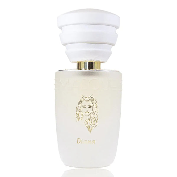 A white perfume bottle with a unique, tiered cap. The label features a gold illustration of a woman's face and the word "Diana" beneath it. The brand name "Masque Milano" is embossed above the illustration. Hints of sandalwood elegantly complete this luxurious fragrance's presentation.