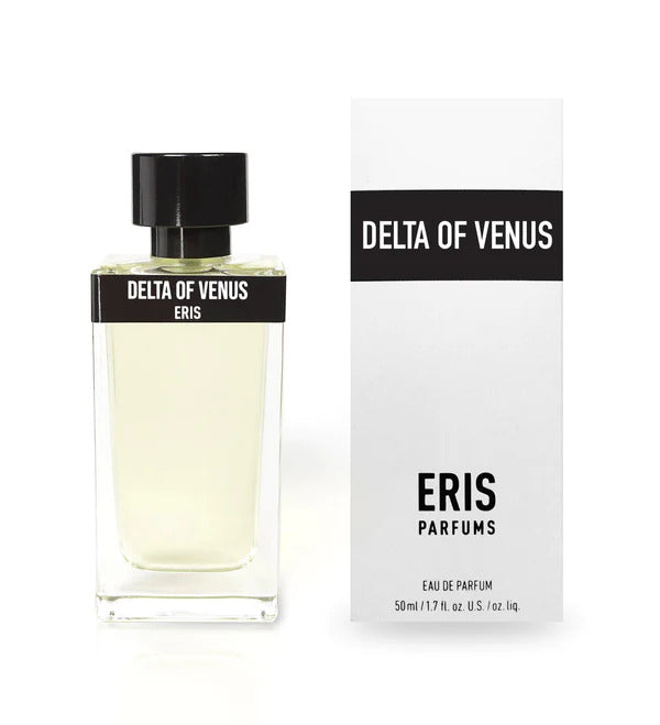 A bottle of Eris Parfums' Delta of Venus eau de parfum, masterfully crafted by Antoine Lie, is showcased alongside its elegant white and black packaging. This guava-centric floral perfume comes in a 50 ml (1.7 fl. oz.) bottle.