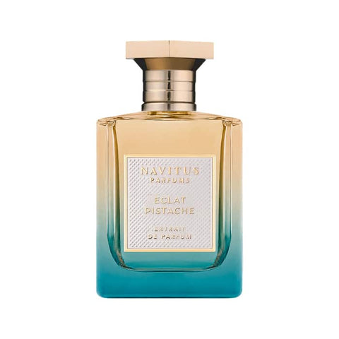 Eau de parfum bottle with gold cap, amber-to-blue glass