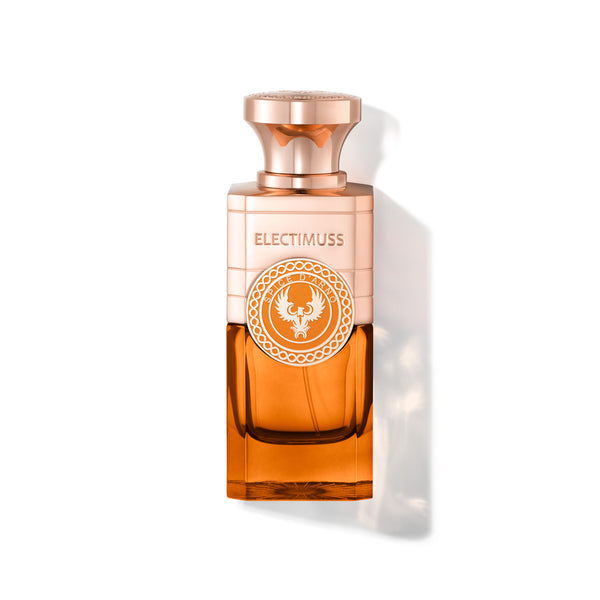 A bottle of Electimuss SPICE D'ARNO perfume with a square design and a golden cap, filled with an amber-colored liquid, exudes invigorating tones.