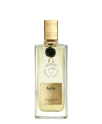 Fig-Tea intense eau de parfum bottle, clear glass with gold cap and front label