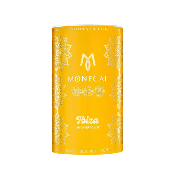 Yellow Monegal Ibiza Eau de Parfum 100 ml bottle with ornate white floral pattern