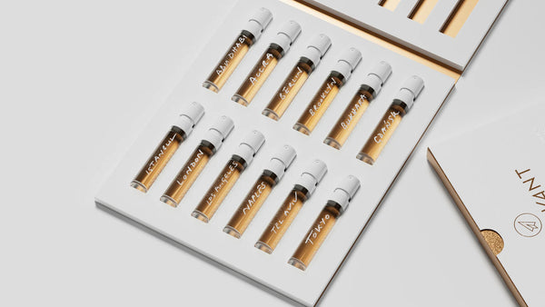 The Gallivant Nomad Set 2024 by Gallivant Perfumes features a neatly arranged collection of 12 small vials of EAU DE PARFUM, each labeled with different names, displayed in an open white box.