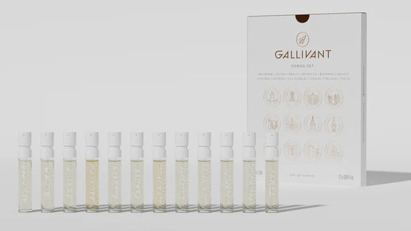 Image of a "Gallivant Nomad Set 2024" from Gallivant Perfumes, featuring eleven transparent spray bottles, each containing a unique unisex EAU DE PARFUM, neatly lined up in front of an elegant white packaging box.