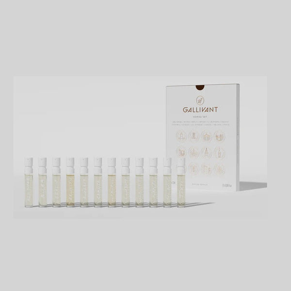 Image of a "Gallivant Nomad Set 2024" from Gallivant Perfumes, featuring eleven transparent spray bottles, each containing a unique unisex EAU DE PARFUM, neatly lined up in front of an elegant white packaging box.
