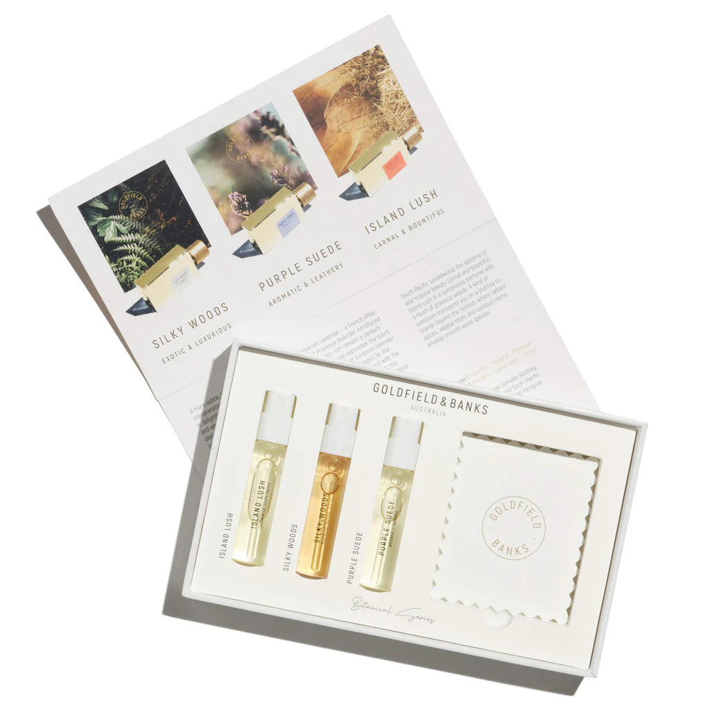 Sample set of the Botanical Series Luxury Sample Collection 3 x 2ml from Goldfield & Banks, featuring luxury fragrances Silky Woods, Purple Suede, and Island Lush, with an accompanying information card.