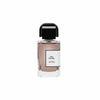 Glass perfume bottle with black rectangular cap and frosted label panel