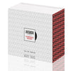 A box of Jusbox "Carioca Heart" Eau de Parfum, 78 ml. Crafted by Julien Rasquinet, this fragrance captures a Fruity Woody Musky essence. The packaging features a geometric pattern in gray and red.