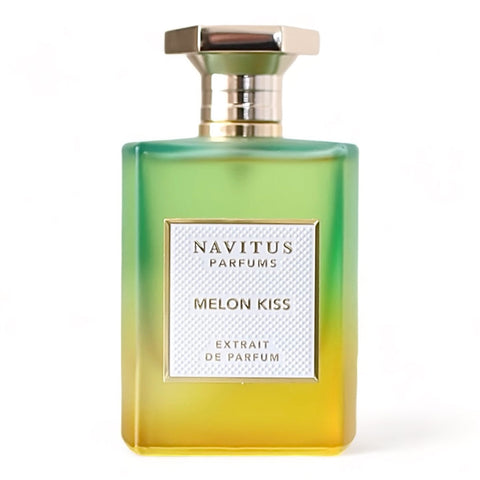 Green glass extrait de parfum bottle with gold cap; Navitus Parfums Melon Kiss