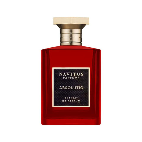 Red perfume bottle with gold cap and label reading Absolutio extrait de parfum