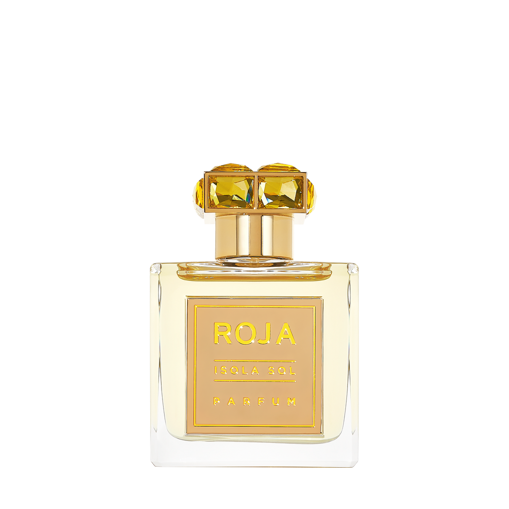 A square-shaped perfume bottle labeled "Isola Sol" from Roja Parfums boasts a golden cap embellished with yellow gemstone-like details, perfectly capturing the essence of a summer holiday. The light yellow liquid inside is a masterful creation by the renowned perfumer Roja Dove.