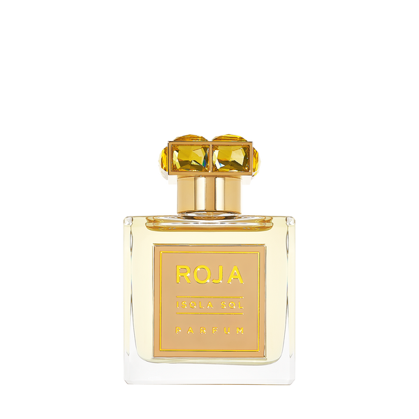 A square-shaped perfume bottle labeled "Isola Sol" from Roja Parfums boasts a golden cap embellished with yellow gemstone-like details, perfectly capturing the essence of a summer holiday. The light yellow liquid inside is a masterful creation by the renowned perfumer Roja Dove.