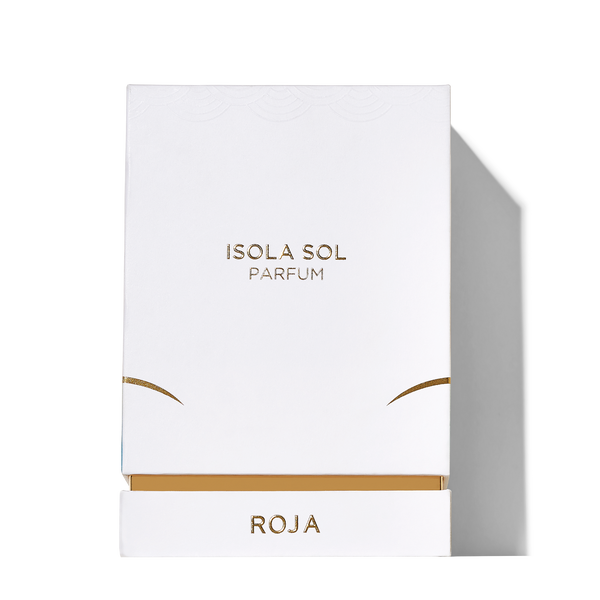 A white box with gold text that reads "Isola Sol" and "Roja Parfums" at the bottom, evoking a luxurious summer holiday essence crafted by Roja Dove.