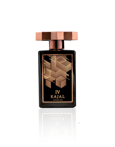 Kajal IV eau de parfum bottle, copper cap, black glass with gold geometric emblem