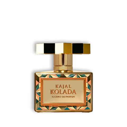 Kolada eau de parfum bottle with gold geometric label and black cap