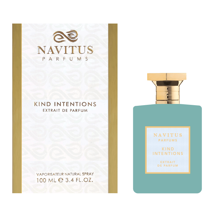 Image of Navitus Parfums' Kind Intentions, a fruity and elegant potion crafted by master perfumer Jerome Di Marino. The bottle is teal with a gold cap, while the packaging is white and gold, indicating a 100ml volume.