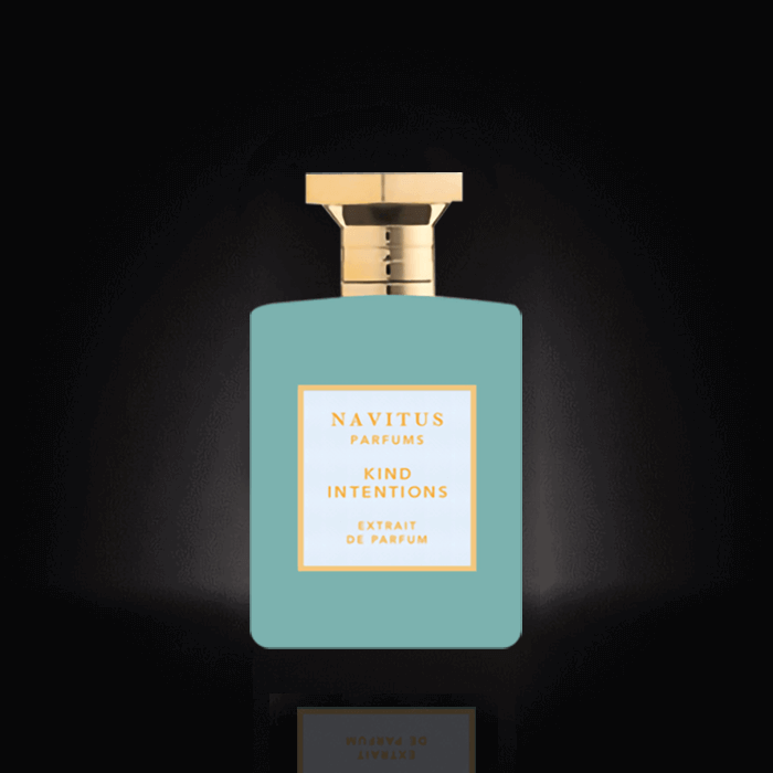 A teal perfume bottle with a gold cap labeled "Kind Intentions Extrait de Parfum" by Navitus Parfums, crafted by master perfumer Jerome Di Marino, is displayed against a black background. This fruity and elegant potion captures your senses immediately.
