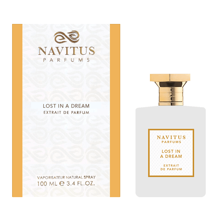 A 100 ml bottle of Navitus Parfums' Lost in a Dream extrait de parfum with a gold cap, displayed alongside its matching white and gold box. This dreamy fragrance, crafted by a master perfumer, offers a unique sillage that leaves an unforgettable impression.