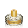 A round, clear perfume bottle with a textured design and a yellow cap. The label reads "Mango Skin, Vilhelm Parfumerie, New York," hinting at the luscious notes of mango intertwined with subtle undertones of patchouli.