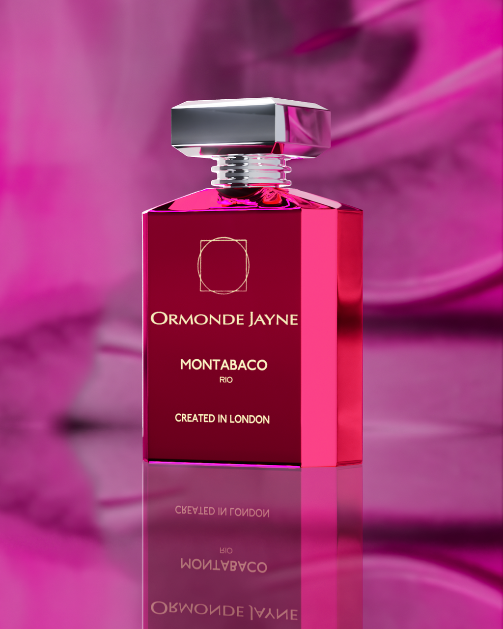 A pink Ormonde Jayne Montabaco Rio perfume bottle created in London is displayed against an abstract pink background, hinting at its wild fruits and vanilla undertones.