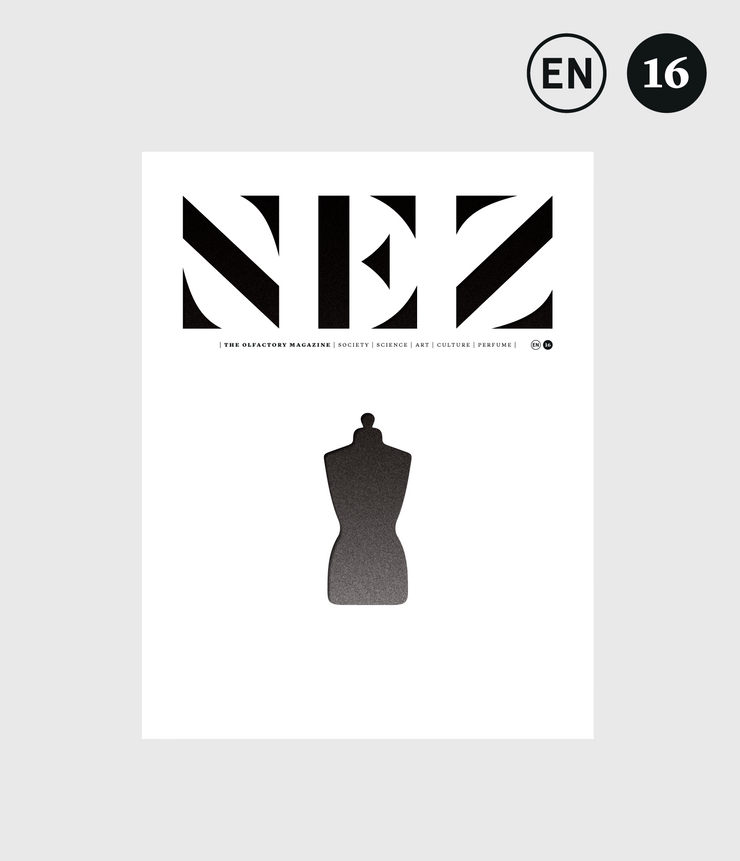 Magazine cover for "Fashion & Perfume Nez #16 Autumn/Winter 2023" with the title "Nez" in large bold letters. The center features a silhouette of a dress form mannequin, embodying haute couture and perfumery. The top right corner displays "EN" and the number 16.