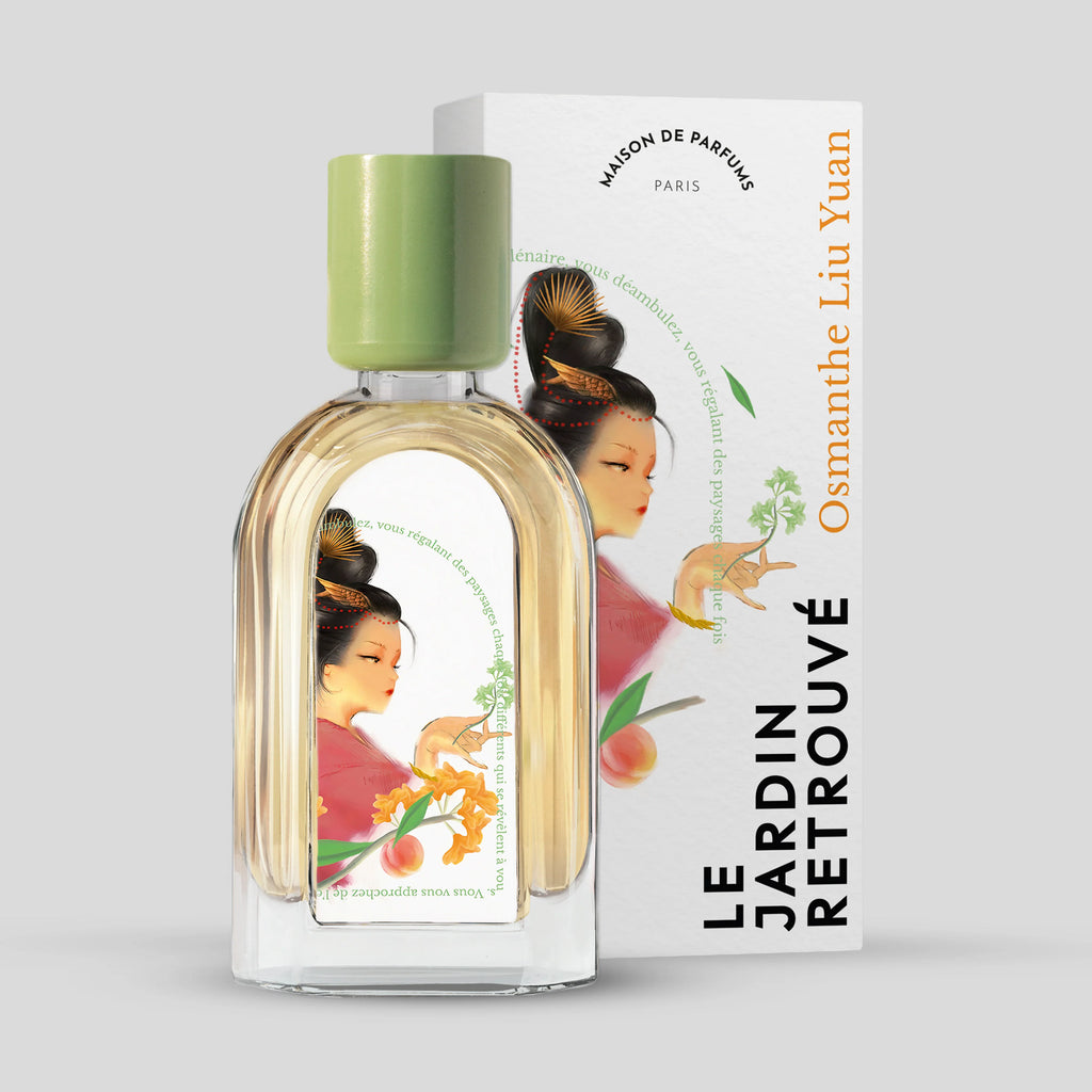 A perfume bottle labeled "Le Jardin Retrouvé" with a green cap and a box featuring an illustrated woman and the text "Osmanthe Liu Yuan, Eau de Parfum." Inspired by Maxence Moutte, this exquisite scent highlights the delicate essence of Osmanthus.