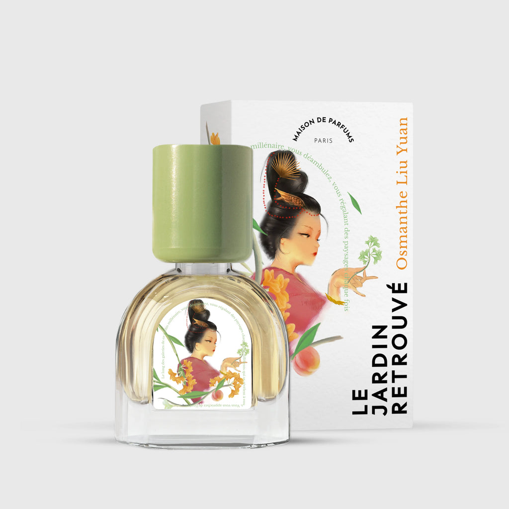 A perfume bottle labeled "Osmanthe Liu Yuan" by Le Jardin Retrouvé is placed in front of its matching box. Both showcase an illustration of a woman in traditional attire, with a green cap on the bottle, capturing the essence of Osmanthus in this exquisite Eau de Parfum crafted by Maxence Moutte.