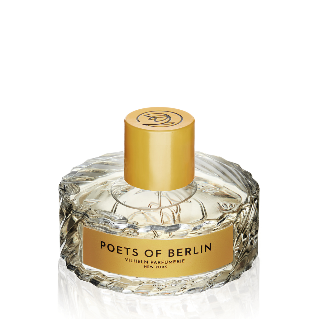 Bottle of Poets of Berlin perfume by Vilhelm Parfumerie with vetiver notes, New York labeling, featuring a gold cap and a textured glass design.