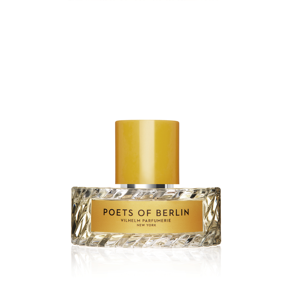 A glass perfume bottle with a yellow rectangular cap, labeled "Poets of Berlin, Vilhelm Parfumerie," featuring a patterned design on the glass and a hint of vetiver notes.