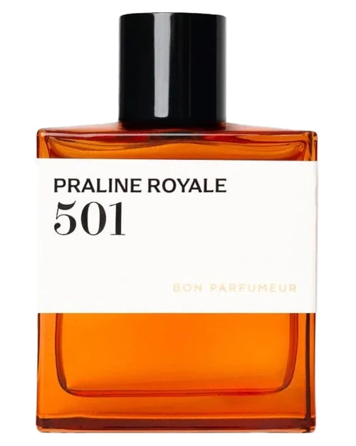 Praline Royale 501 perfume bottle with black cap and amber glass label