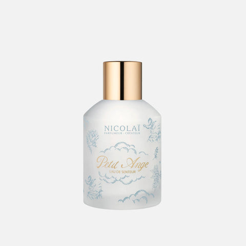 Petit Ange eau de senteur fragrance bottle with gold cap, light blue label