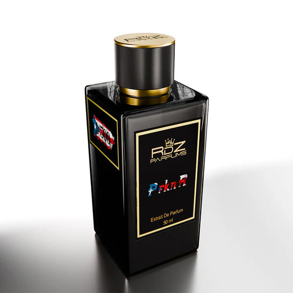 A 50 ml black bottle of RDZ Parfums perfume with gold accents and a black cap, labeled "P fkn R," exuding tropical charm.