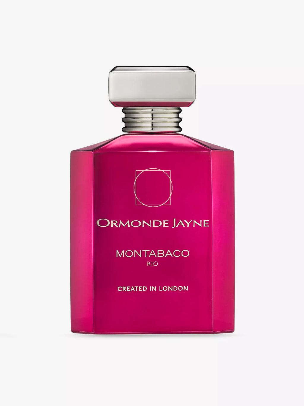 A magenta bottle of Ormonde Jayne Montabaco Rio with a silver cap, labeled "Created in London," exudes a tantalizing blend of vanilla and wild fruits.