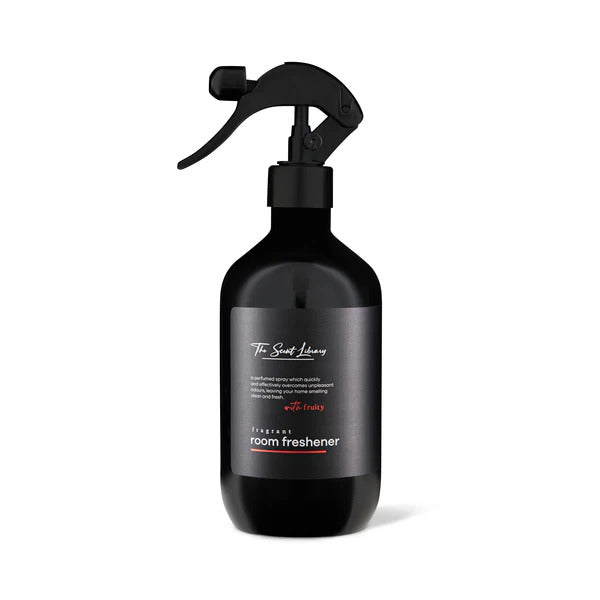 A black spray bottle branded "The Scent Library" containing Fruity Room Freshener, with fruity notes written on the label.