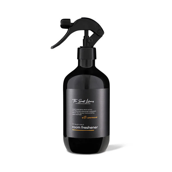 Black spray bottle labeled "The Scent Library" with a trigger nozzle, containing Gourmand Room Freshener.