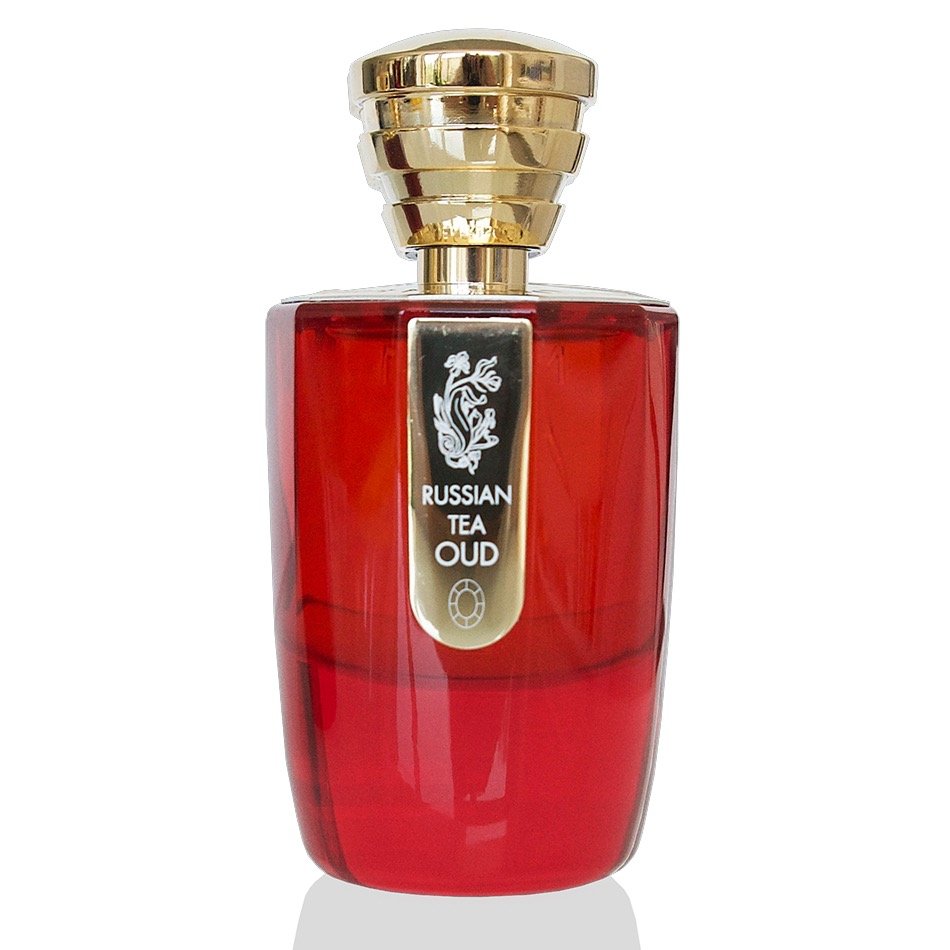 The "Russian Tea Oud" by Masque Milano is a luxurious red perfume bottle with a gold cap, exuding the deep richness of oud oil combined with an intriguing smoky leather accord.
