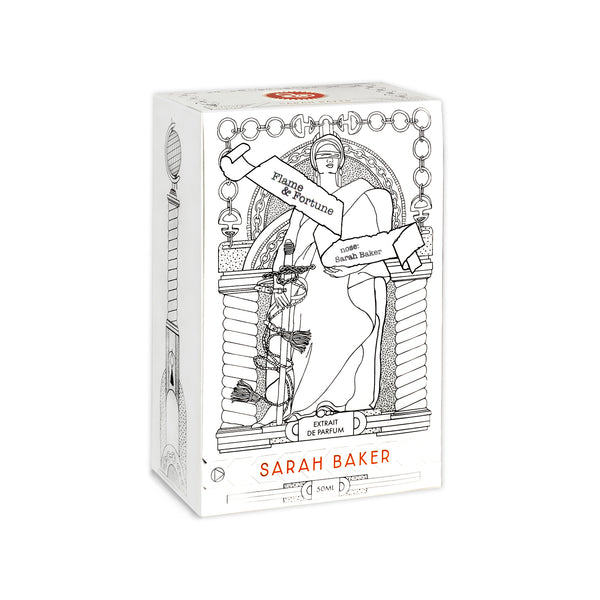 A box of Flame & Fortune by Sarah Baker features an intricate illustration of a figure holding a balance and an axe. The label includes "Extrait de Parfum," suggesting notes of orange blossom within its luxurious fragrance.