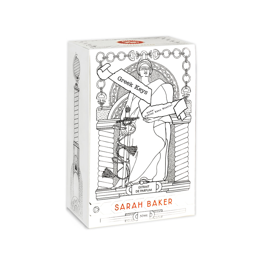 The perfume box labeled "Greek Keys" by Sarah Baker features a line drawing of an ornate figure seated with architectural elements and a ribbon. Evoking marine freshness, the box has a white background adorned with decorative details.