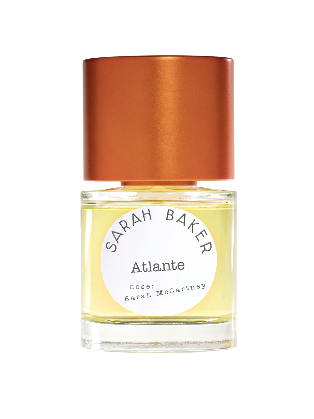 A bottle of Sarah Baker's fragrance "Atlante" featuring a distinctive amber-colored cap. The label prominently displays "Sarah Baker" and "Atlante," with the inscription "nose: Sarah McCartney" below, offering a fresh scent evocative of seaweed.