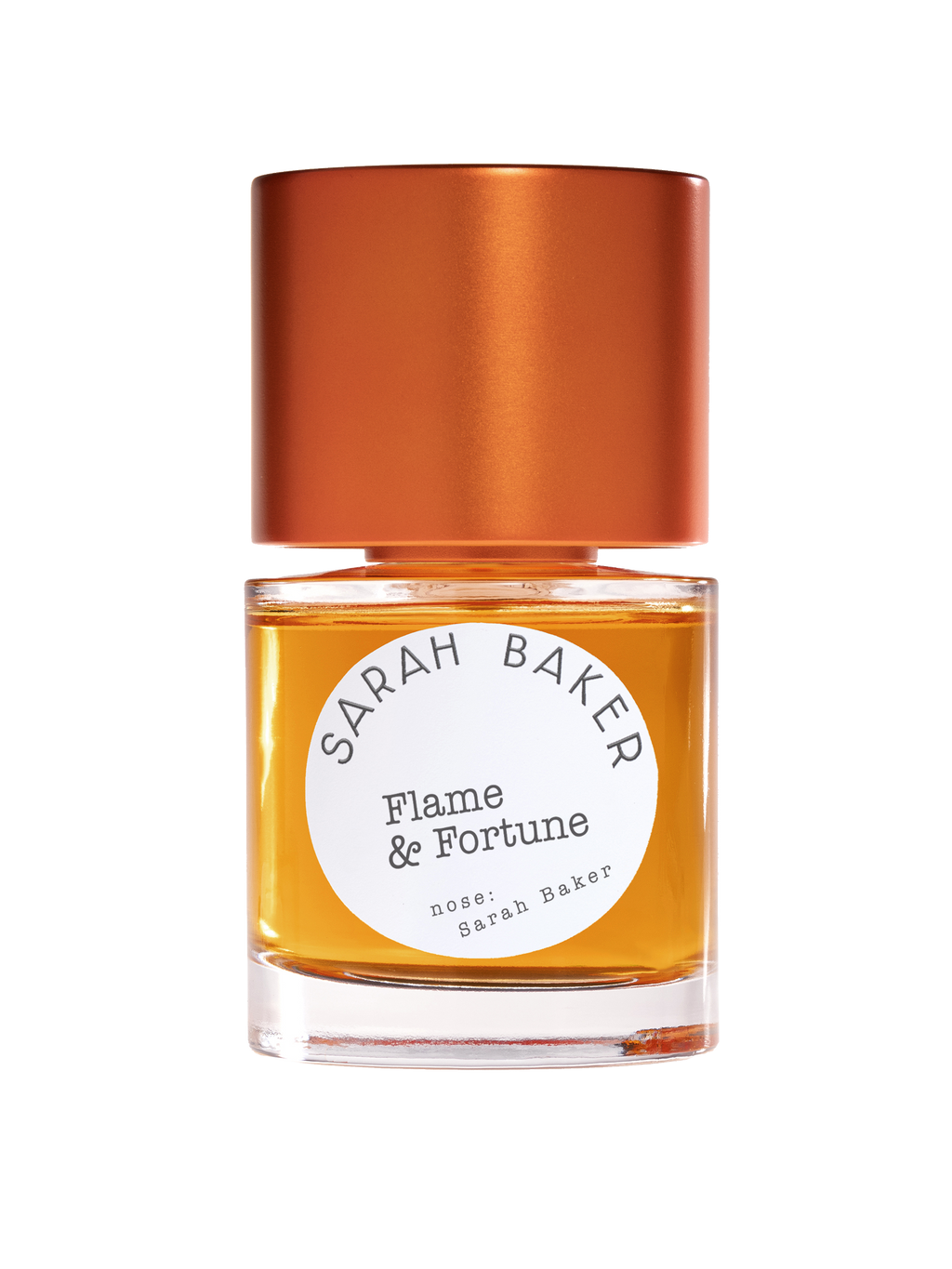 A bottle of "Flame & Fortune" perfume by Sarah Baker, featuring an amber liquid inside, a bronze cap, and a subtle hint of tuberose essence.