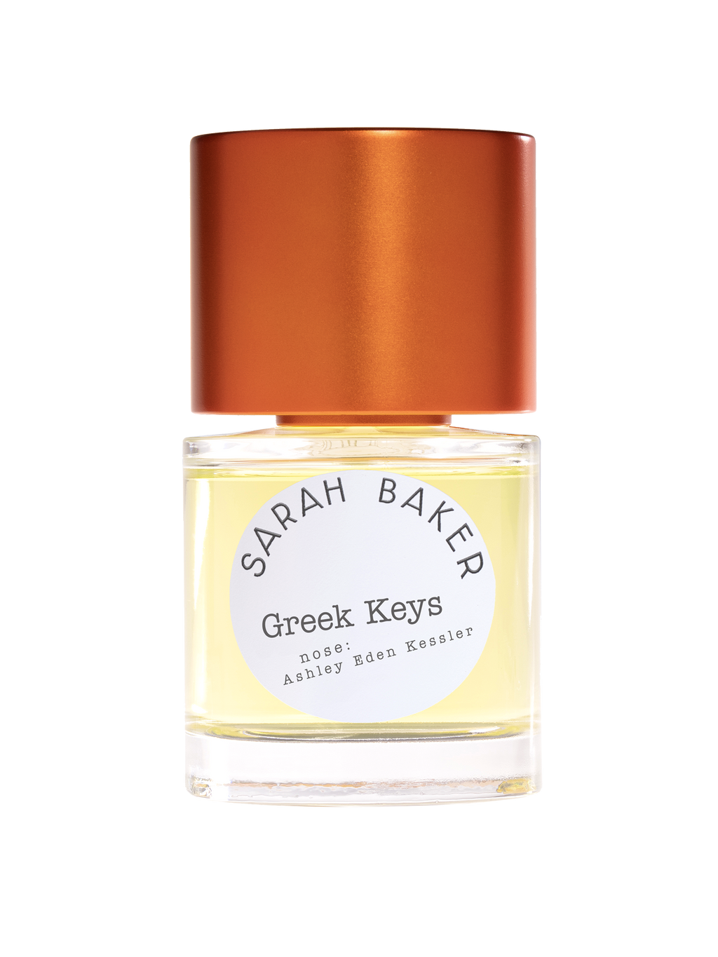 A bottle of Sarah Baker's "Greek Keys" perfume featuring a gold cap and light yellow liquid, evoking a touch of citrus freshness.