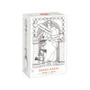 A white perfume box adorned with a line drawing of a person holding a staff, surrounded by decorative elements, featuring the text "Sarah Baker" and "Peach's Revenge Extrait de Parfum" on the front. The fragrance evokes notes of spiced fruit, creating an enticing allure.