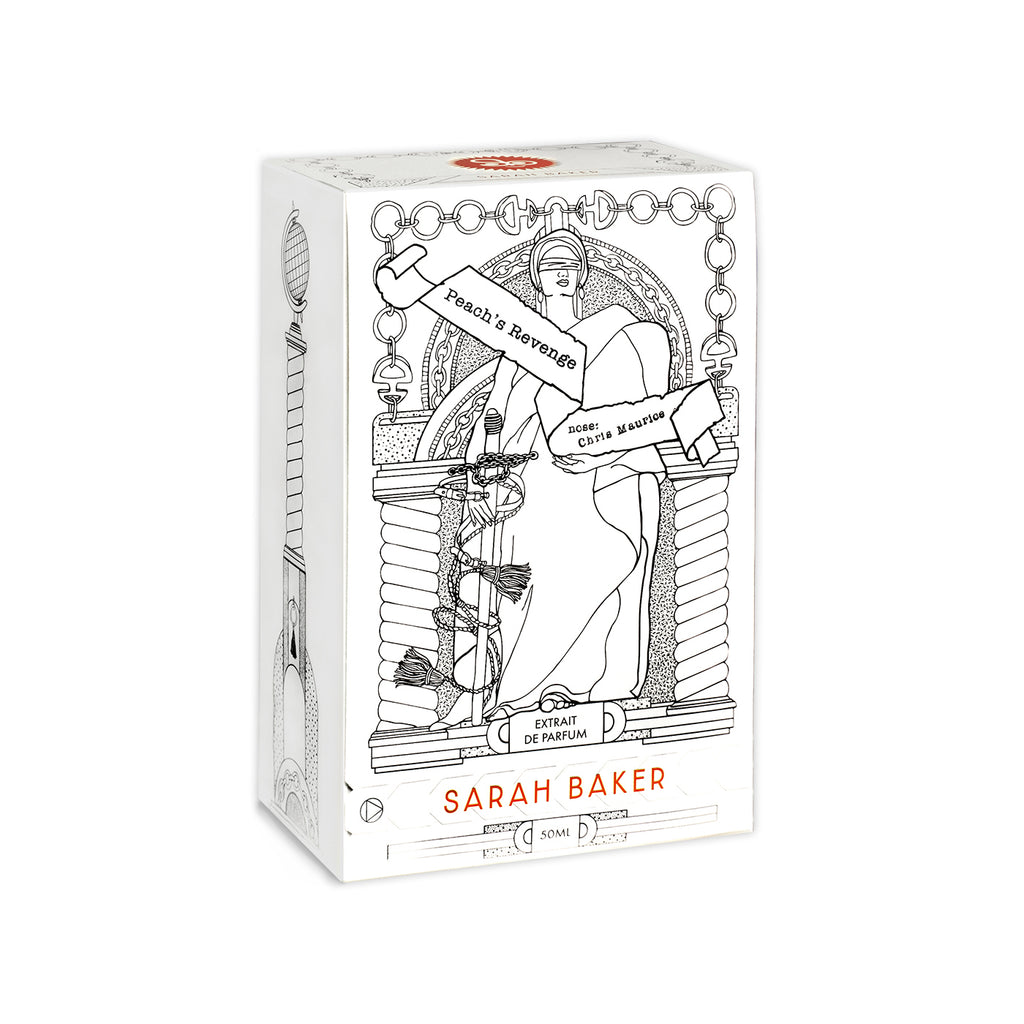 A white perfume box adorned with a line drawing of a person holding a staff, surrounded by decorative elements, featuring the text "Sarah Baker" and "Peach's Revenge Extrait de Parfum" on the front. The fragrance evokes notes of spiced fruit, creating an enticing allure.