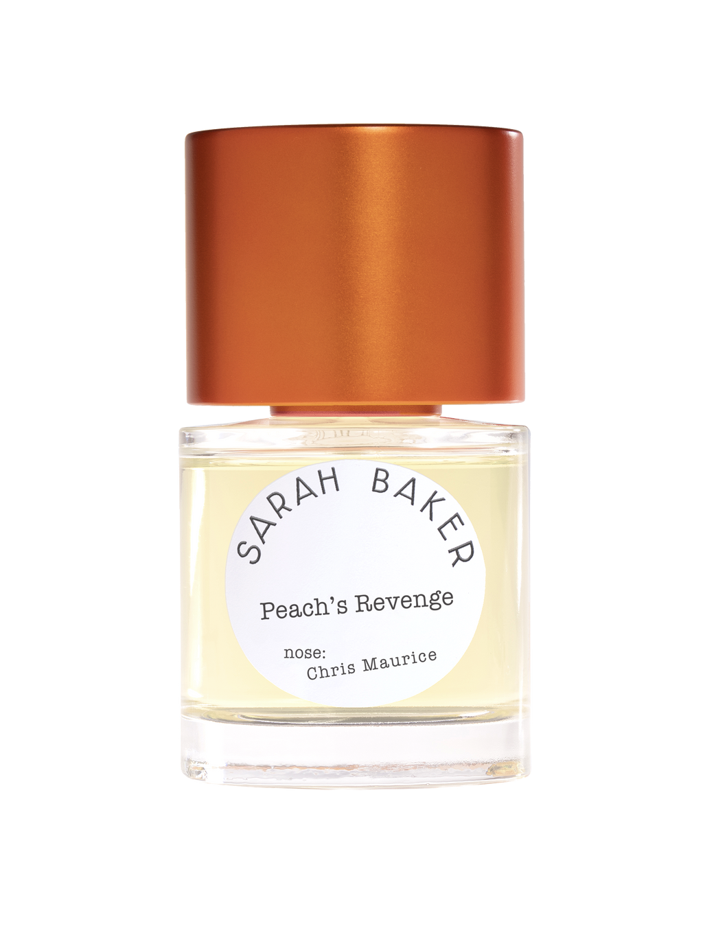 A bottle of "Peach's Revenge" perfume by Sarah Baker, distinguished by an orange cap. The label reveals that the nose behind this enchanting fragrance is Chris Maurice. This delightful and memorable scent features hints of juicy peach.