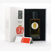Fragrance gift set box with black-labeled bottle and included card