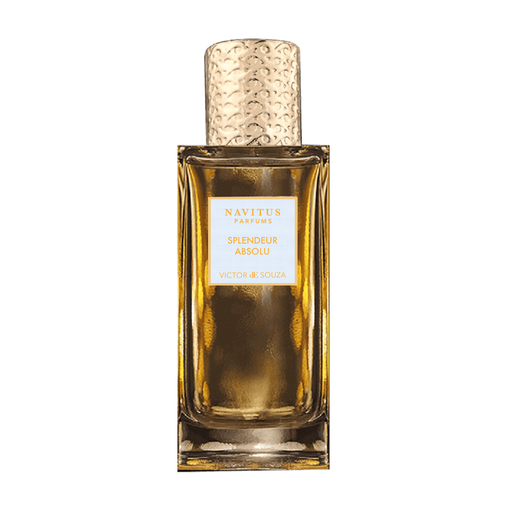 A rectangular glass bottle of Splendeur Absolu by Navitus Parfums, infused with Italian Bergamot, features a textured gold cap and a gold label on the front.