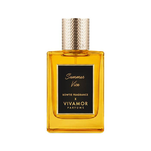 Summer Vice perfume bottle with amber glass, textured cap, black label