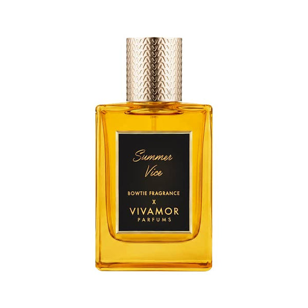 Summer Vice perfume bottle with amber glass, textured cap, black label