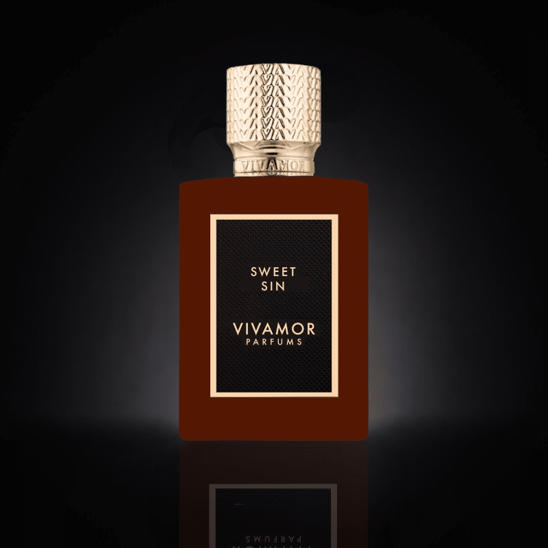 A dark brown "Sweet Sin" perfume bottle by VIVAMOR Parfums, featuring a gold textured cap and crafted by master perfumers, set against a black background.